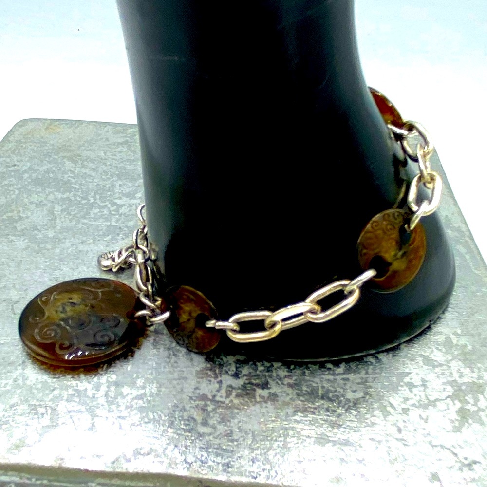 Brighton Lava Lounge Link Bracelet Brown Disk Silver Tone Links Charm Retired